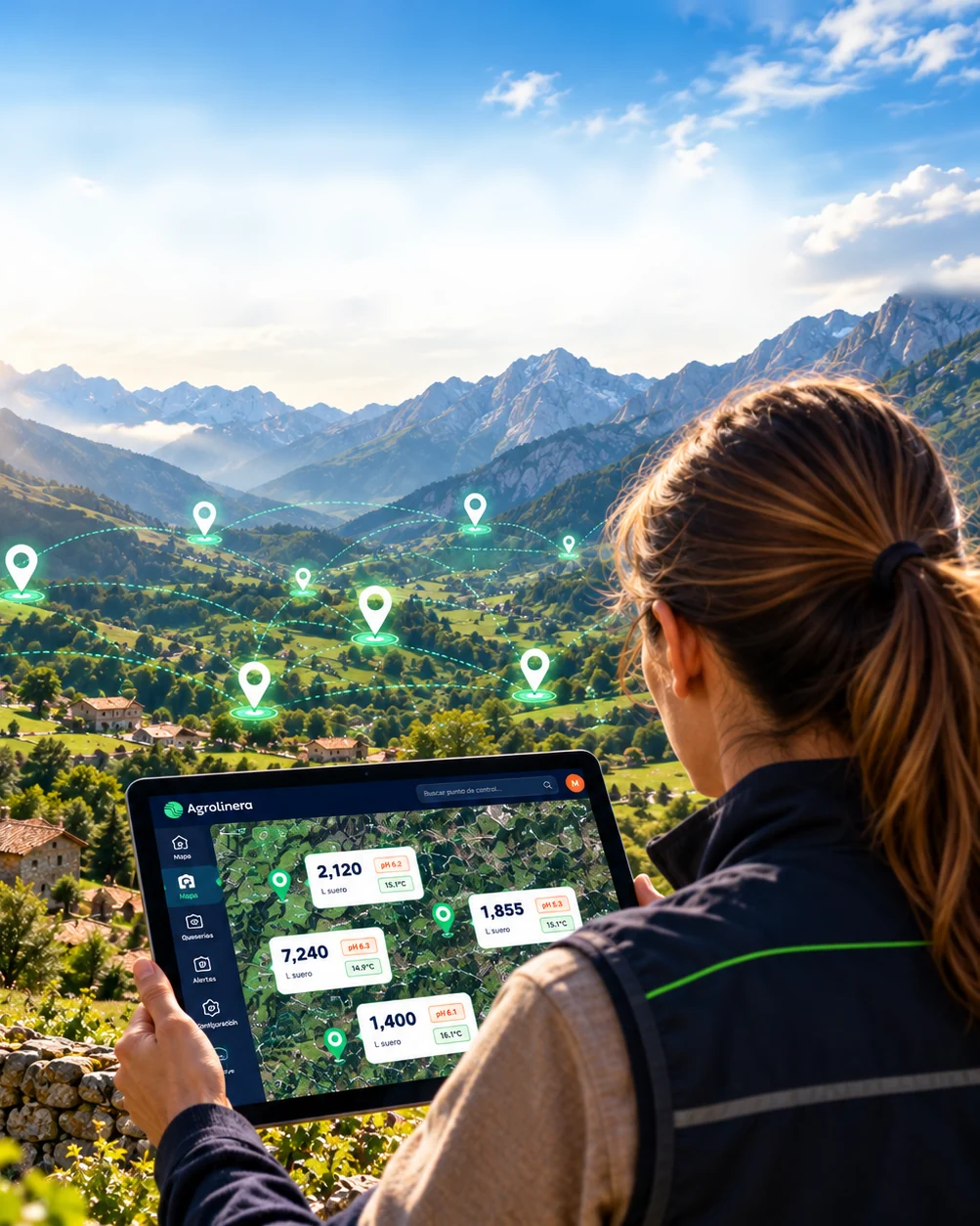 Técnica de Agrolinera consulta en una tablet el mapa de puntos de recogida de lactosuero sobre un valle rural de montaña